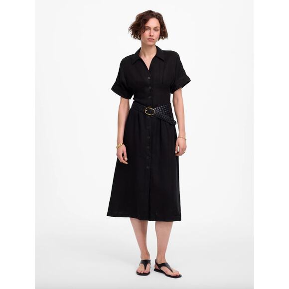 Madewell Dresses & Skirts - Madewell Pleated Midi Shirtdress 100% Linen A Line Minimalist Black Small NWT